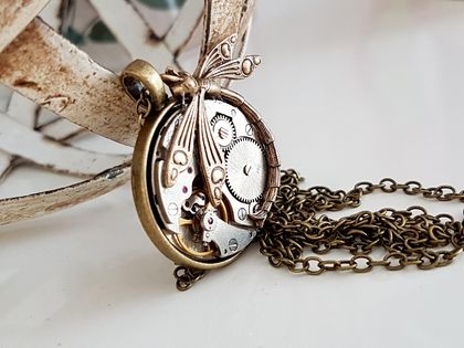 Vintage jewelled watch movement with Brass Art Deco Dragonfly, Steampunk inspired Pendant ~ Timeless Relic